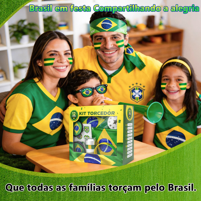 Combo Torcedor Bandeira Copa 2026 Adesivo Trompete Pintura Facial Bandeira Brasil Adesivo Vuvuzela KIT TORCEDOR